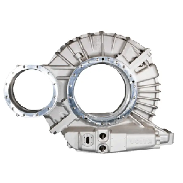 Wheelset gear housing – Metal housing with two large round openings and several smaller mounting points